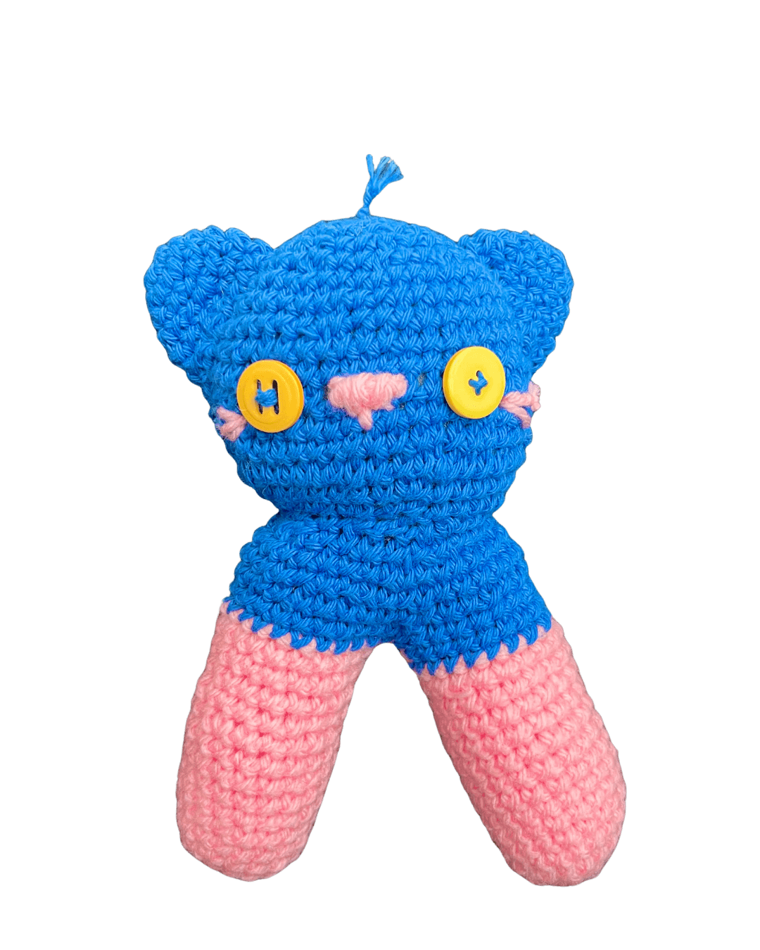 Blue crochet cat plush with pink legs and yellow button eyes