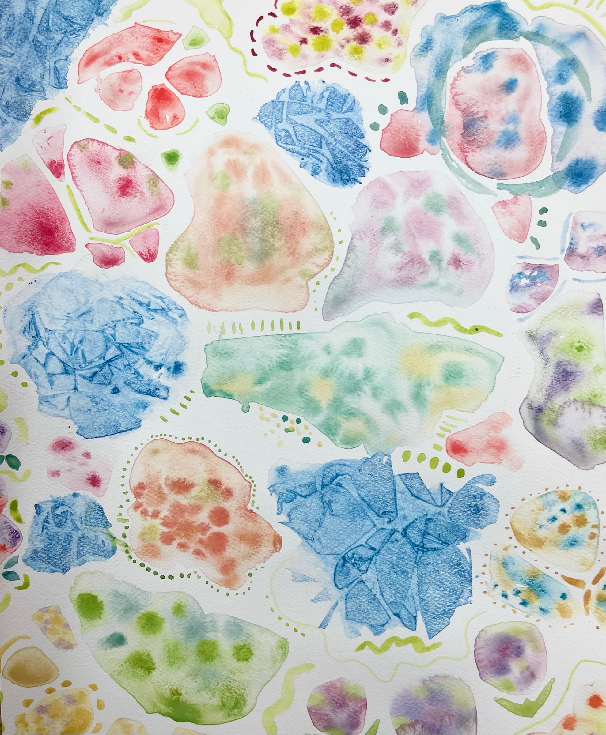 Soft pastel mixed-media studies arranged across white paper