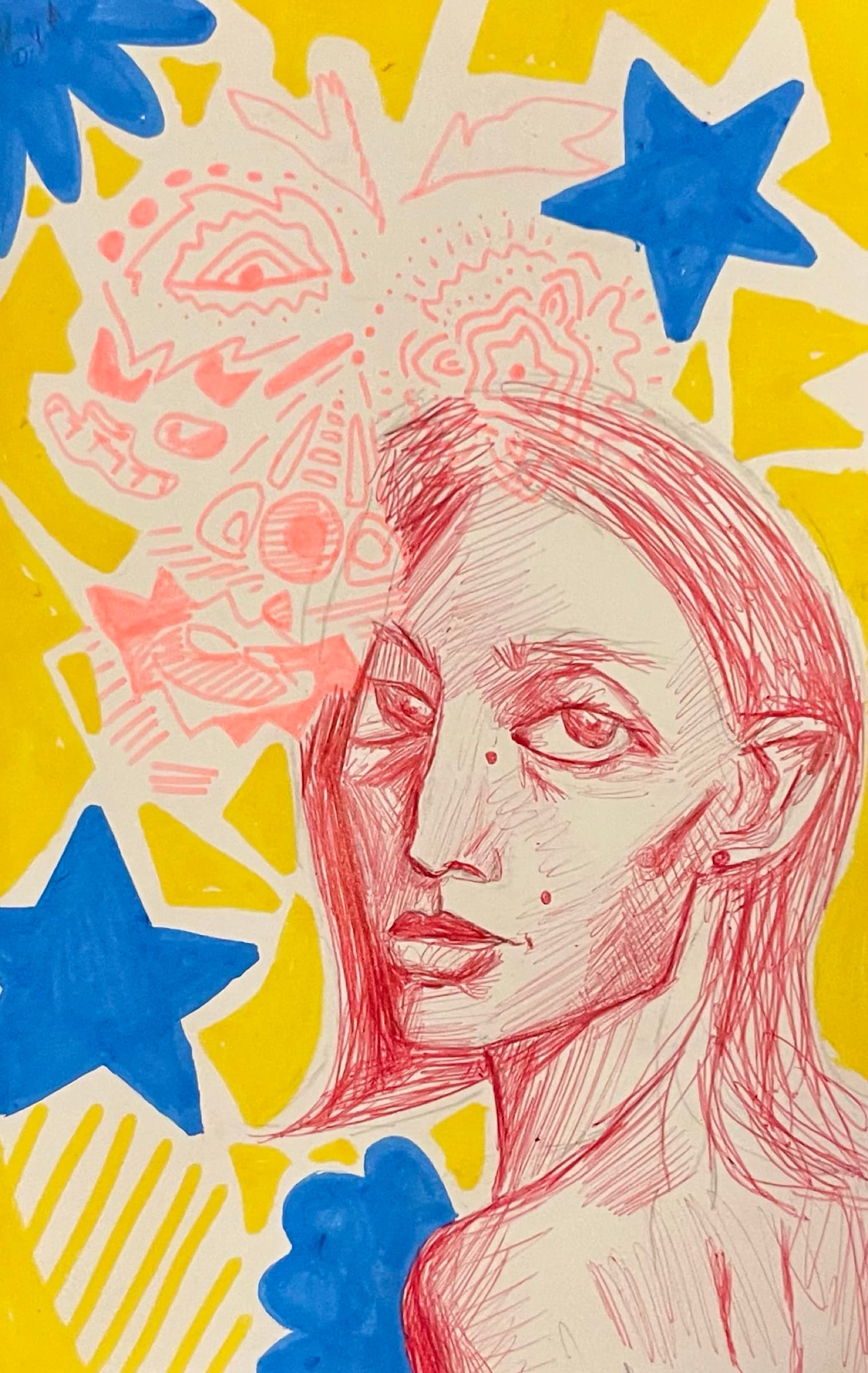 Red ink portrait study with yellow and blue abstract background