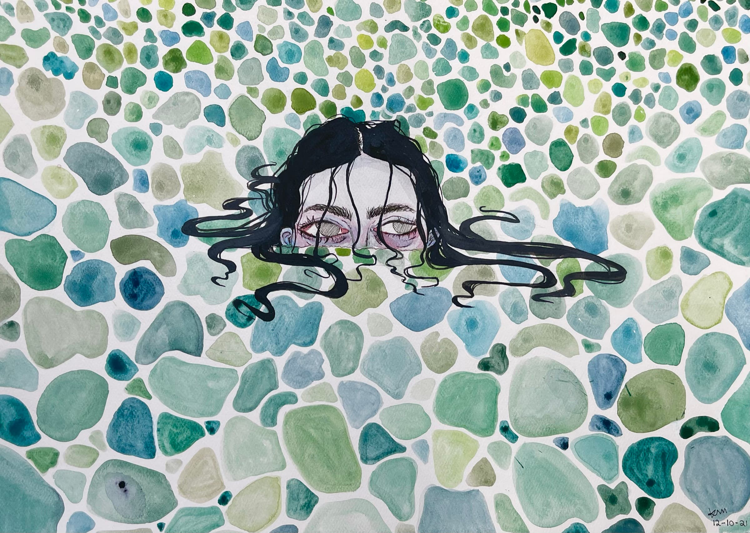 Portrait emerging from a field of watercolor sea-glass shapes