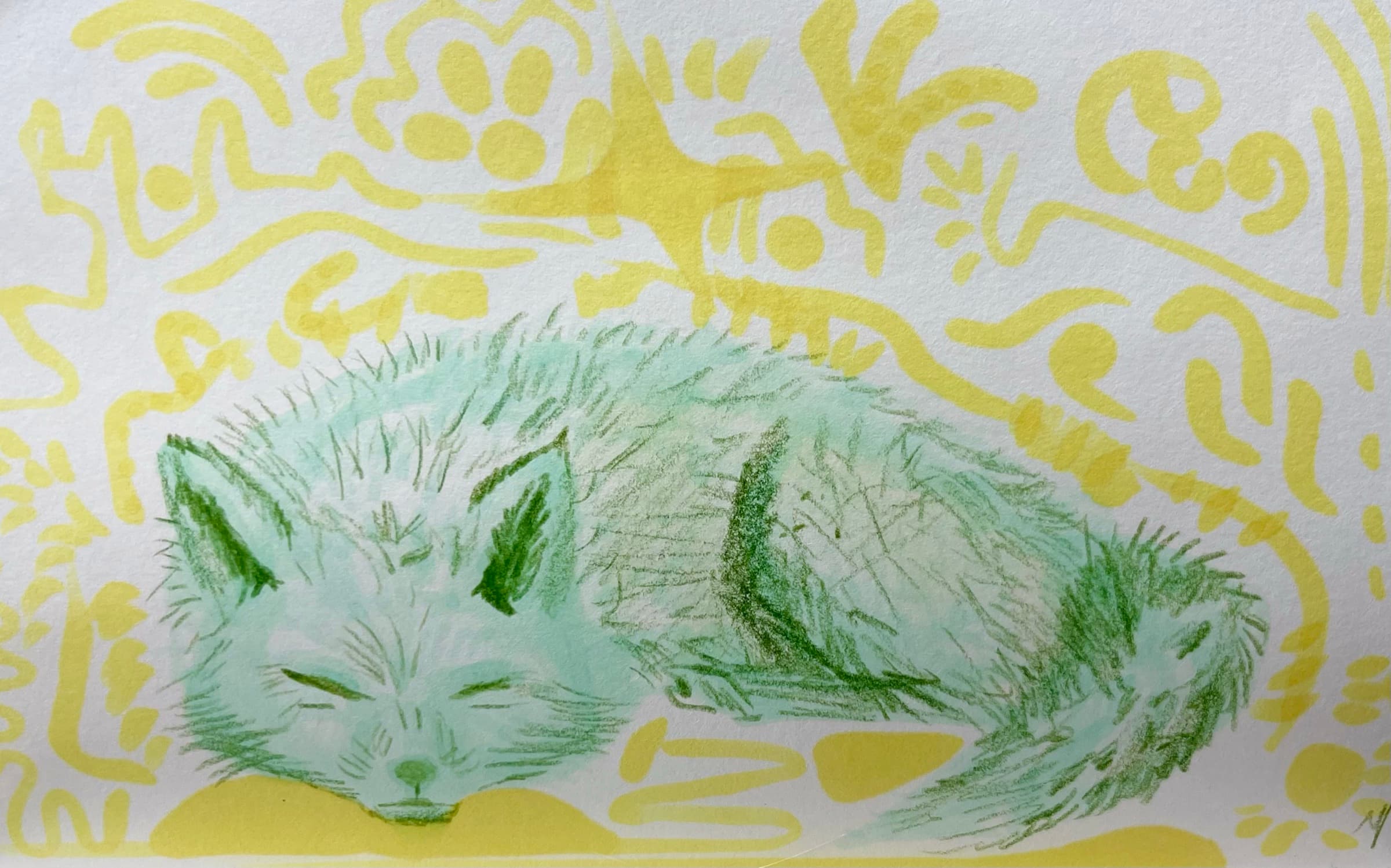 Green sleeping fox drawing on paper with yellow abstract linework