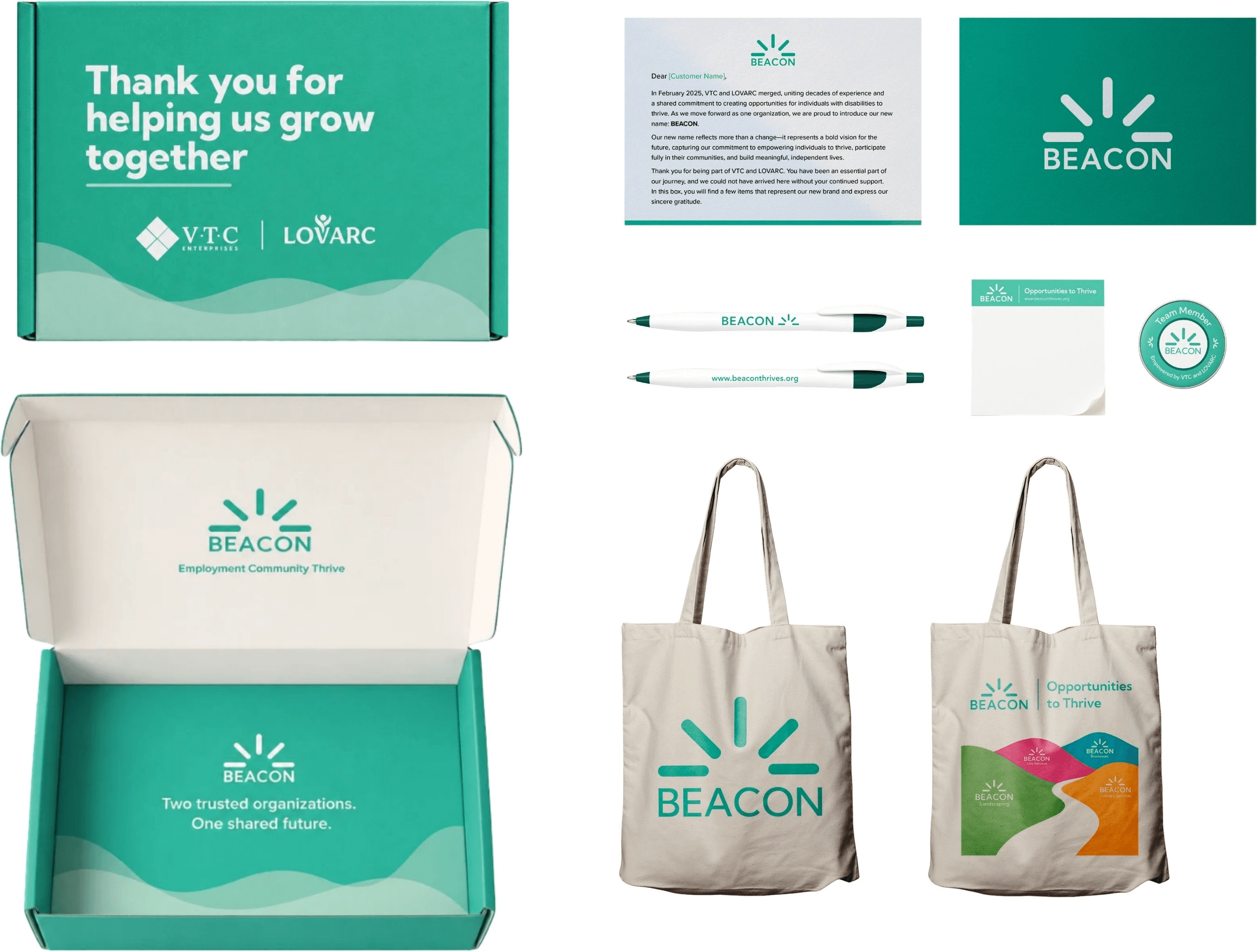 BEACON donor kit collage with boxes, letter, card, pens, notepad, button, and tote bags