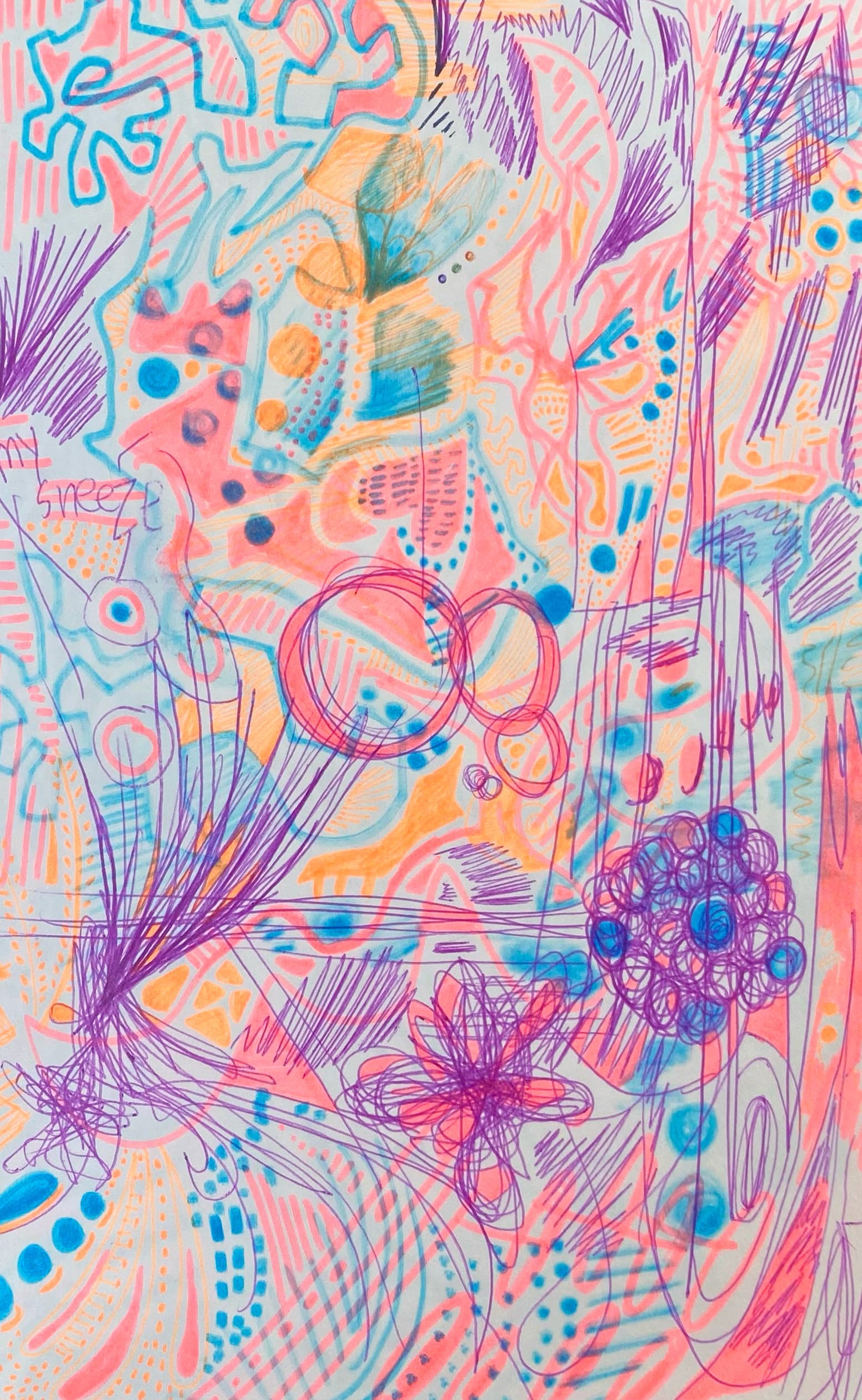 Bright abstract marker study with layered pink, blue, orange, and purple marks