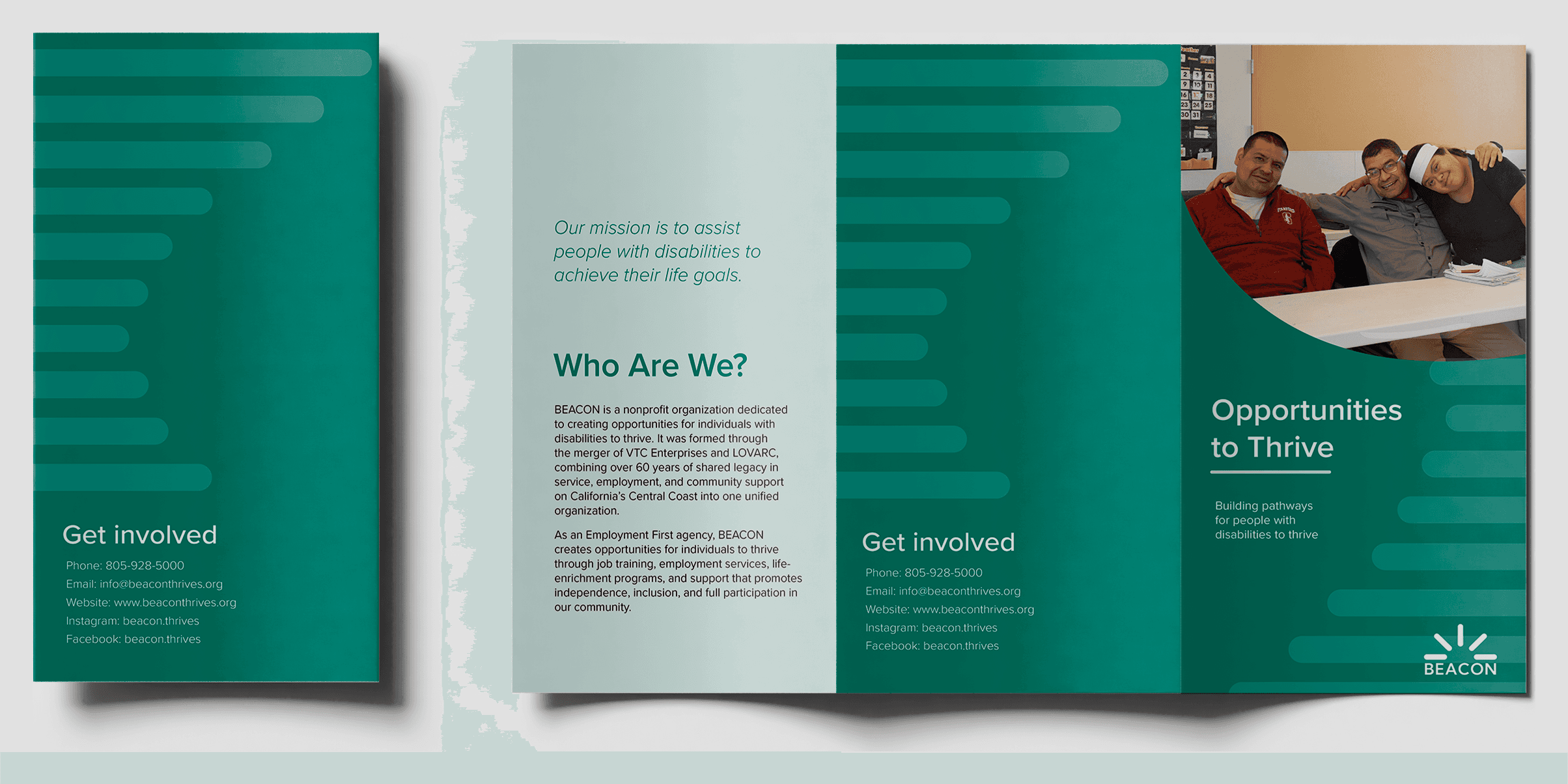 BEACON brochure inside spread with Who Are We panel