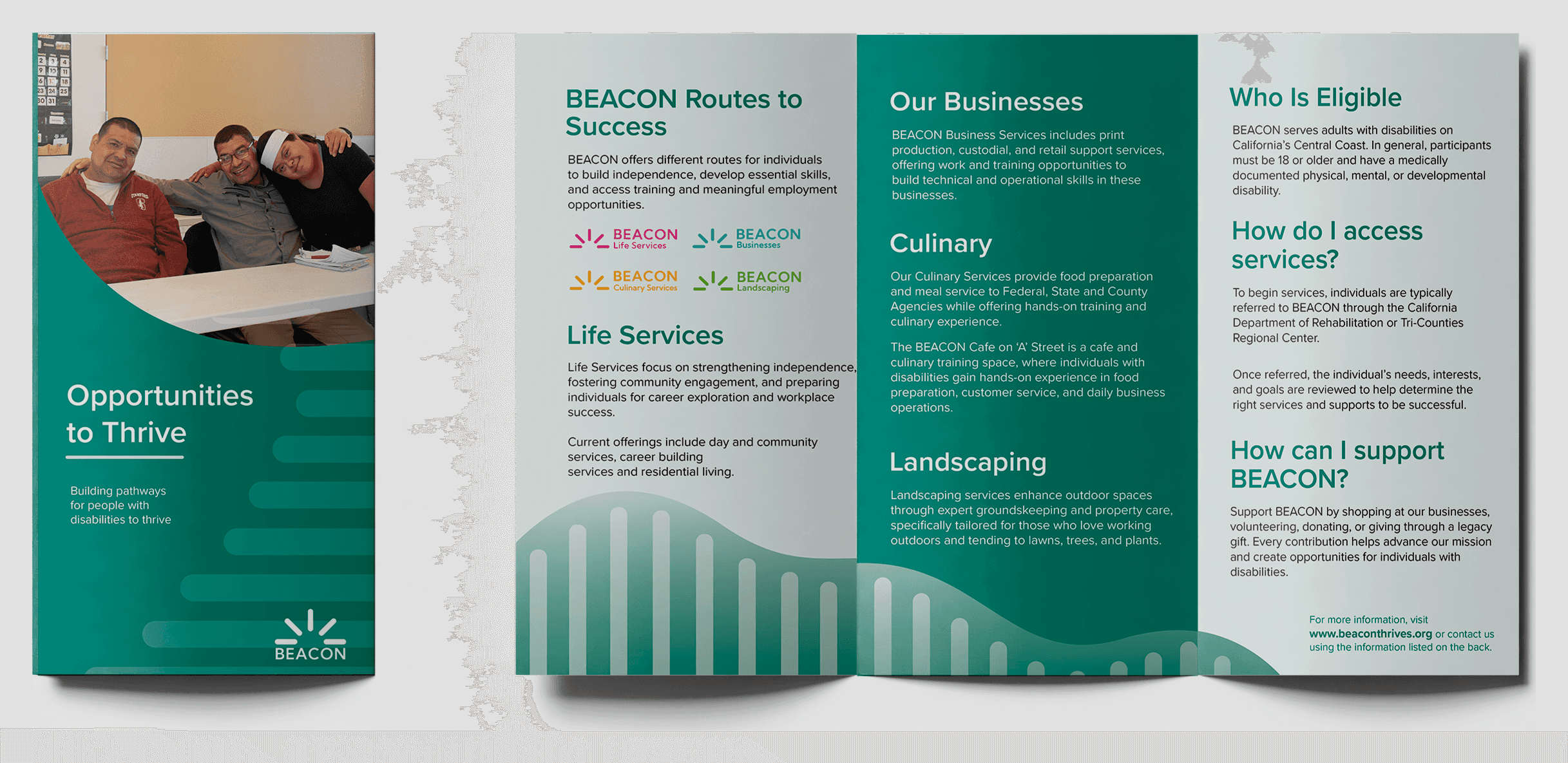 BEACON brochure outside spread with Opportunities to Thrive cover