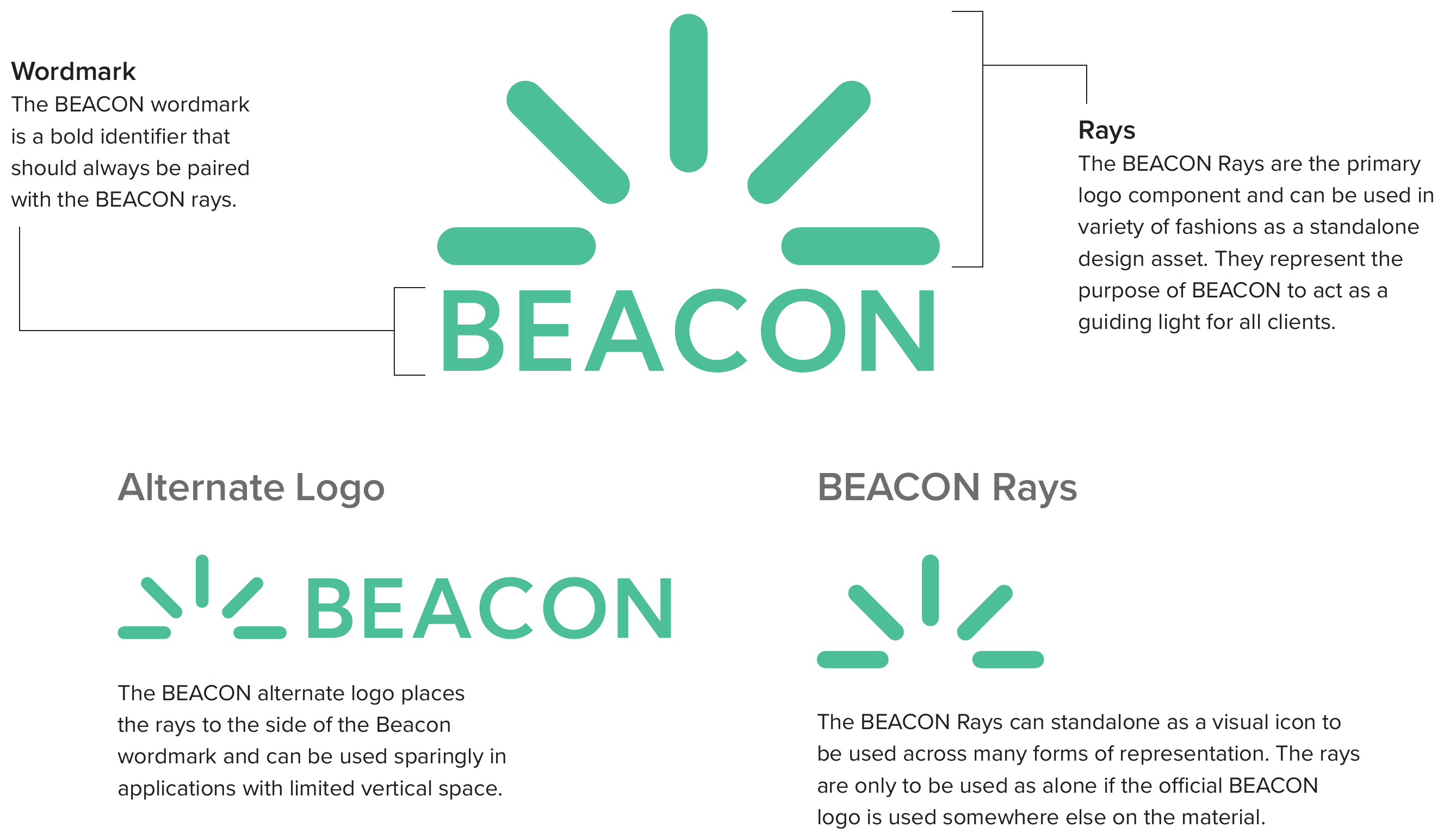 BEACON primary logo anatomy with wordmark and rays, alternate logo, and standalone BEACON rays
