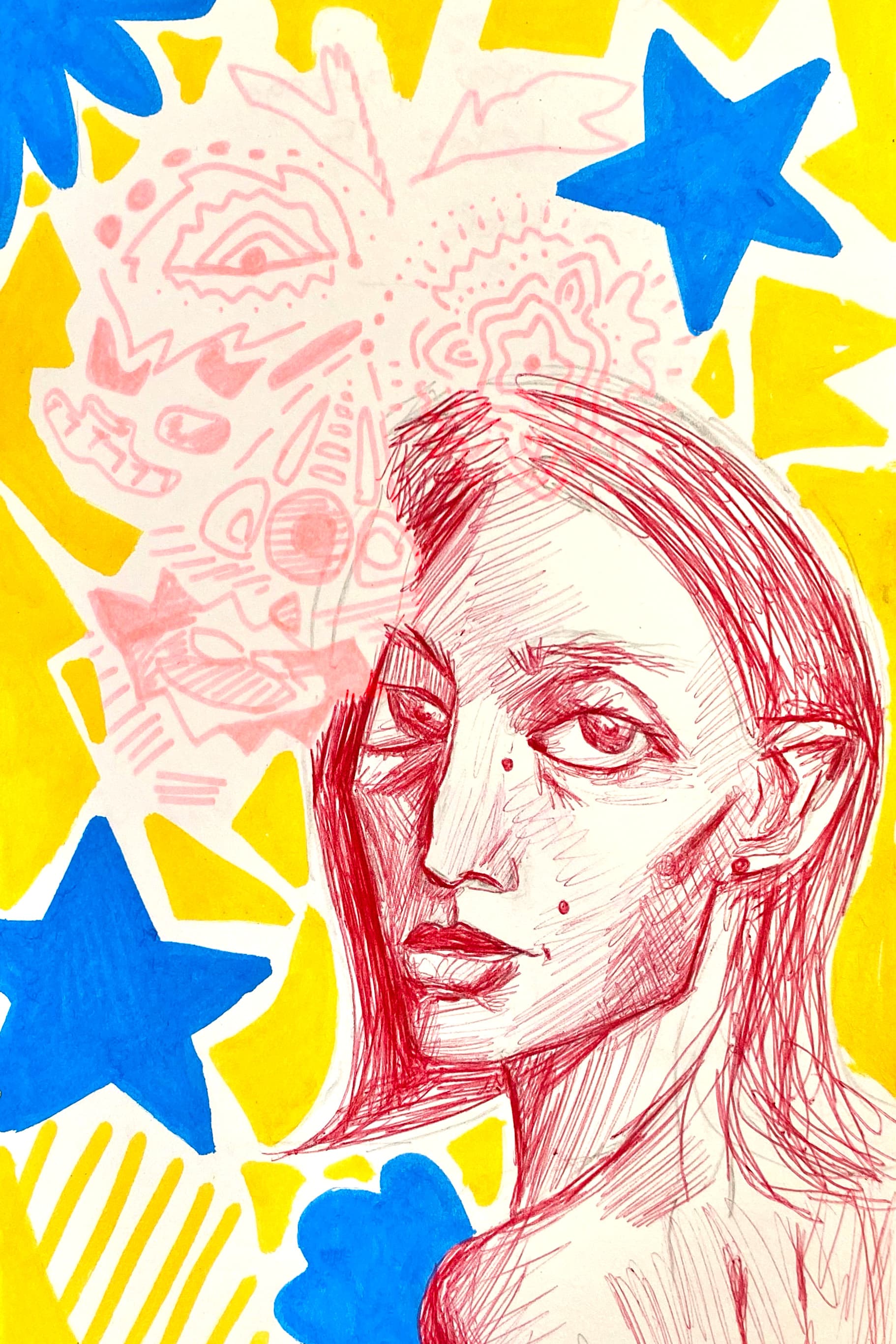 Red ink portrait study with yellow and blue abstract background