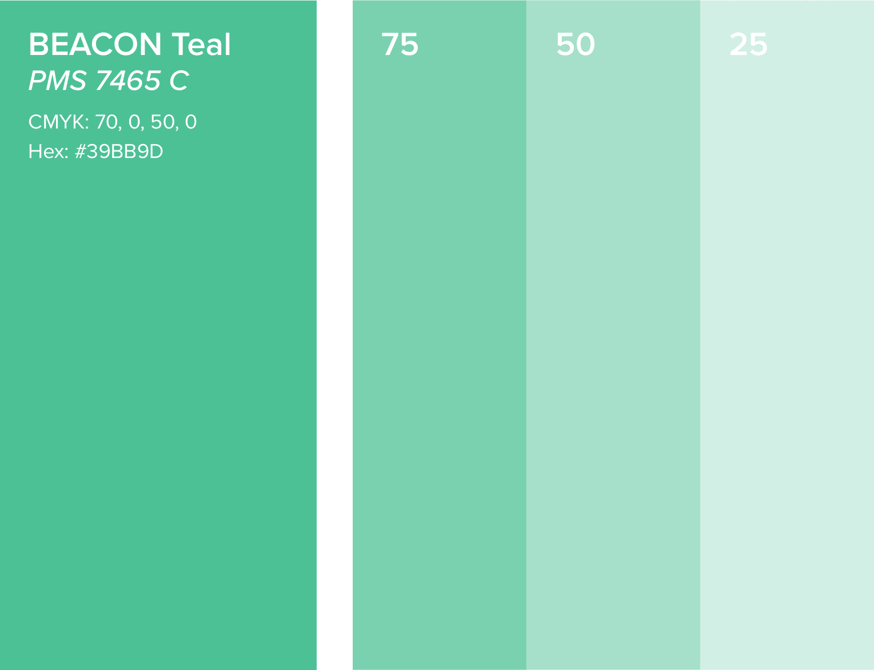 BEACON Teal primary color swatches with 75, 50, and 25 percent tints