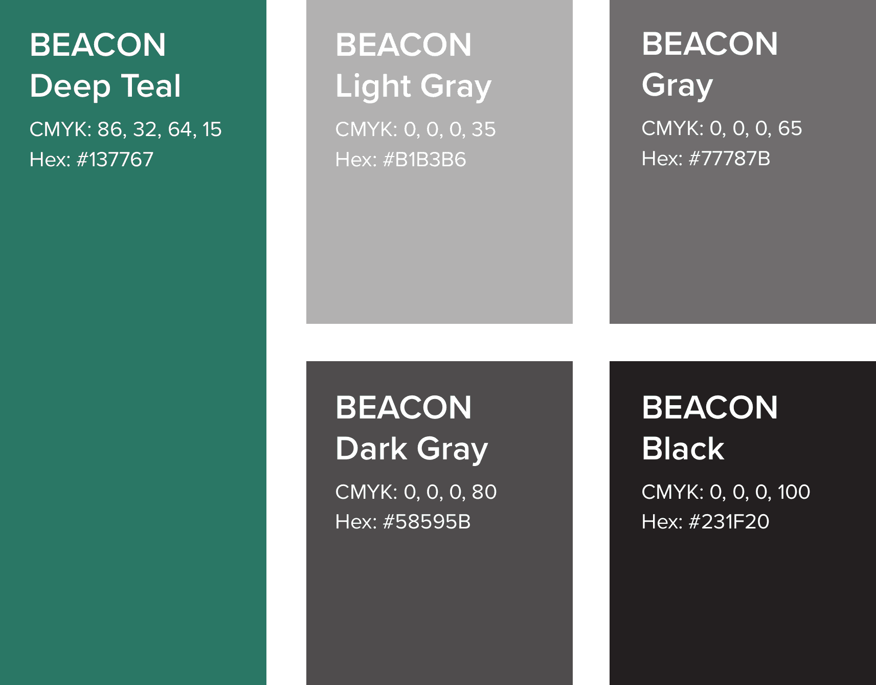 BEACON secondary colors: Deep Teal, Light Gray, Gray, Dark Gray, and Black