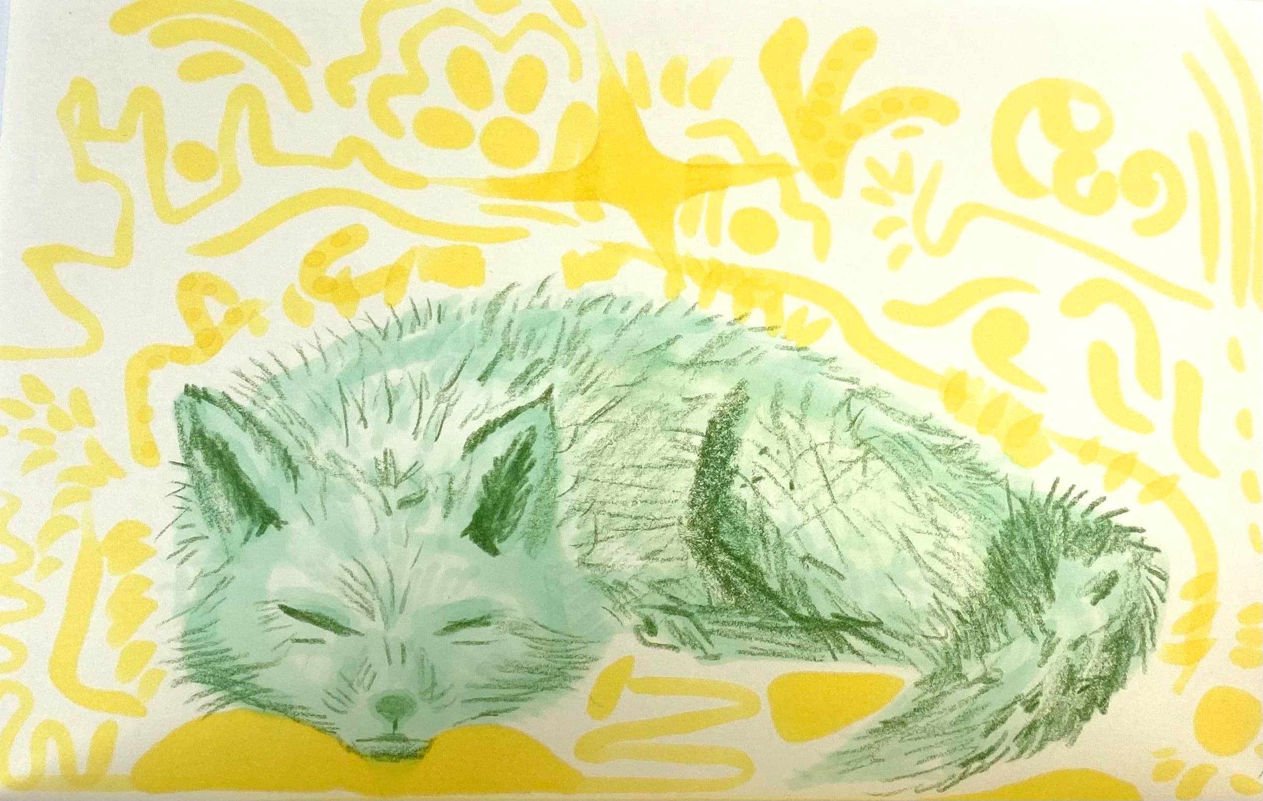 Green sleeping fox drawing on paper with yellow abstract linework