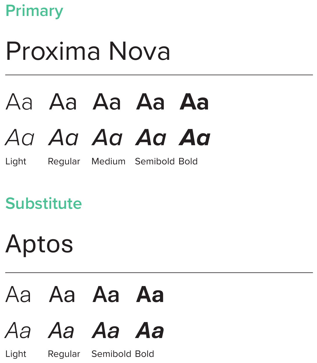 BEACON typography: Proxima Nova primary typeface and Aptos substitute